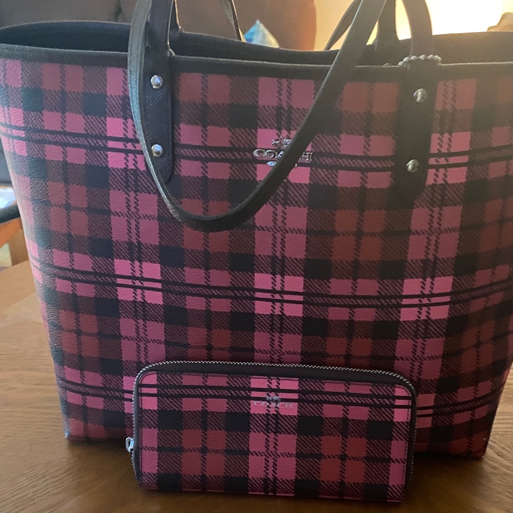 Coach Black and Pink Plaid Tote Bag